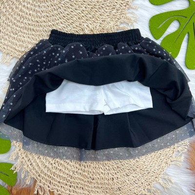 Conj Blusa Rosa e Preta e Saia de tule preto poá 